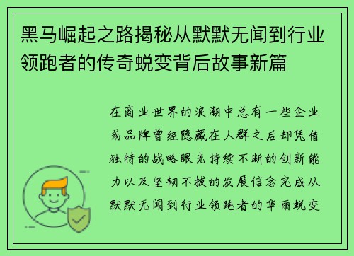黑马崛起之路揭秘从默默无闻到行业领跑者的传奇蜕变背后故事新篇